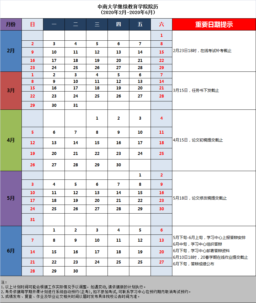 20春學期中南大學繼續(xù)教育學院院歷